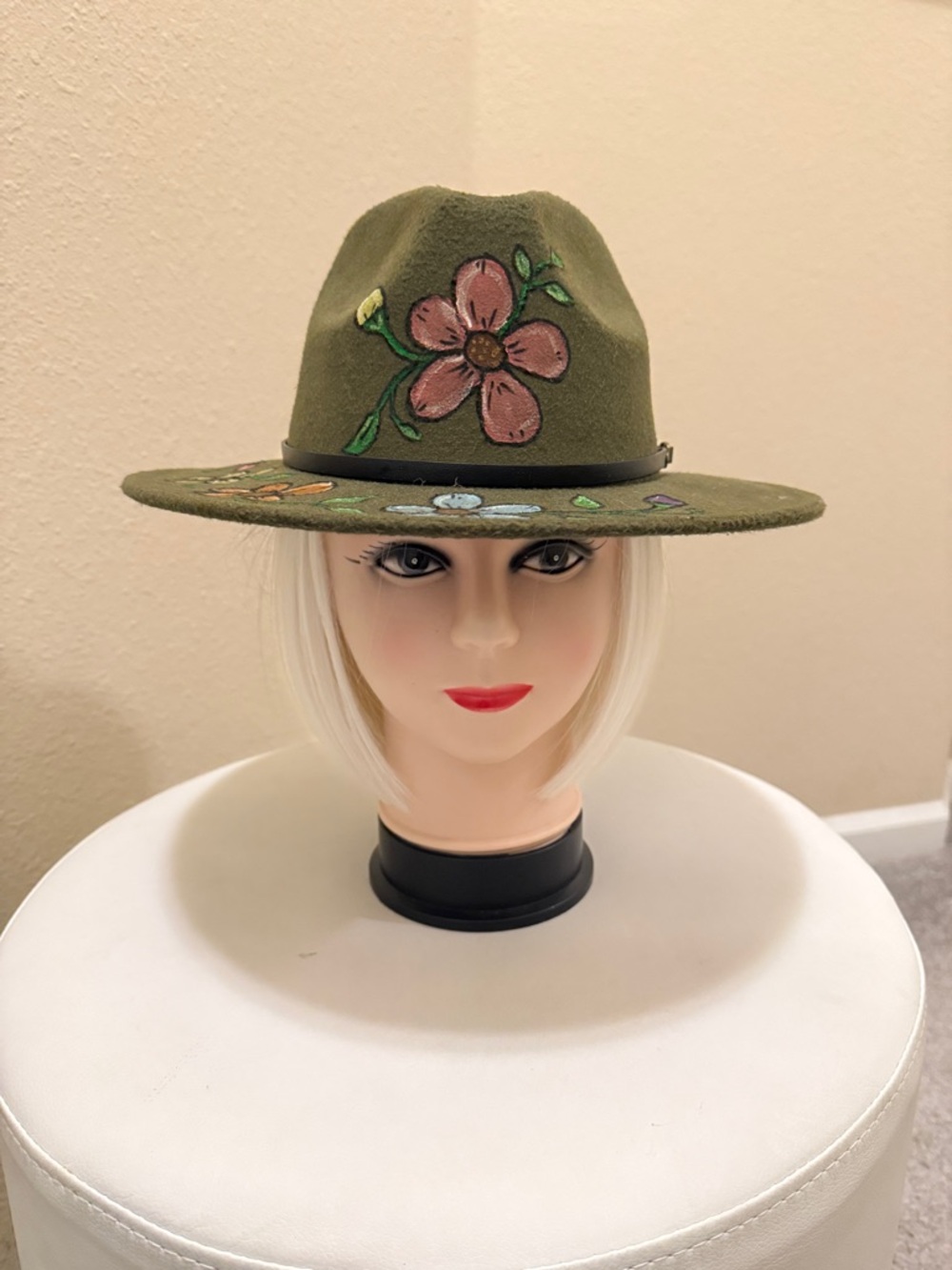 #266. Hand-Painted Olive Green Floral Felt Fedora Hat